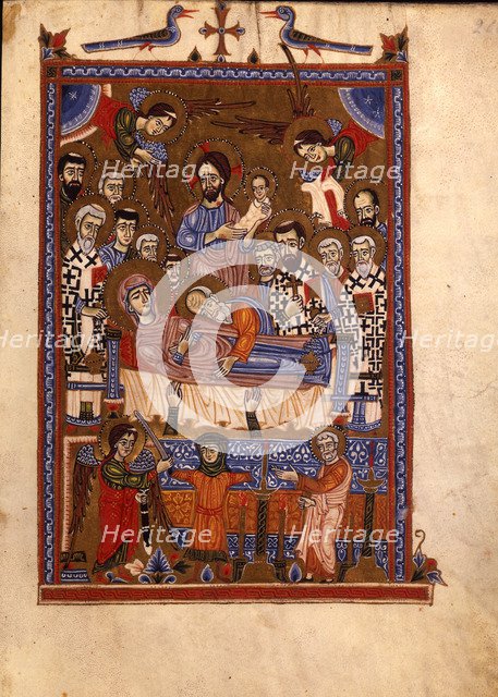 The Dormition of the Virgin (Manuscript illumination from the Matenadaran Gospel), 14th century.