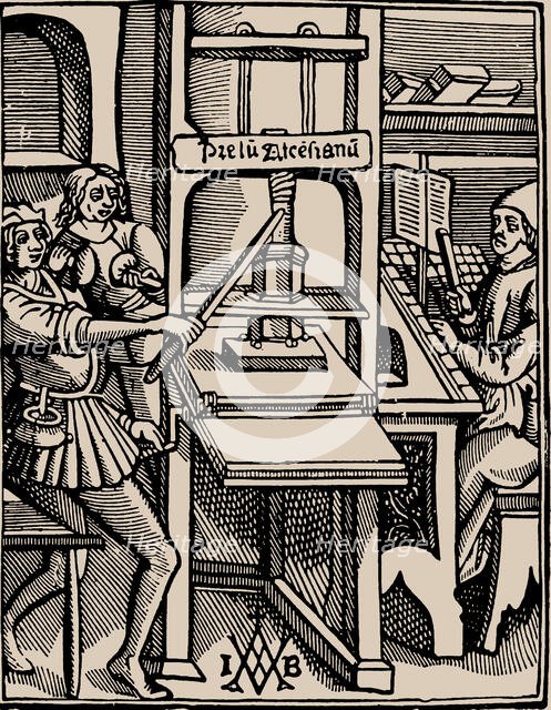 Prelum Ascensianum: printer's device with the printing press at work, 1508. Creator: Badius (Badius Ascensius), Jodocus (1462-1535).