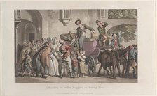 Liberality to infirm beggars on leaving Yrvi, from "Journal of Sentimental Travels in the ..., 1821. Creator: Thomas Rowlandson.