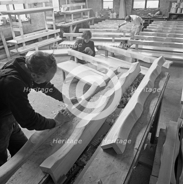 Carpenters working on church pews at a small carpentry workshop, South Yorkshire, 1969. Artist: Michael Walters