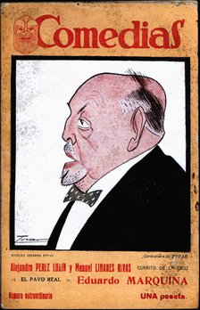 Cover of the publication 'Comedias'. Caricature of Manuel Linares-Rivas Astray-Caneda (1866-1938)…