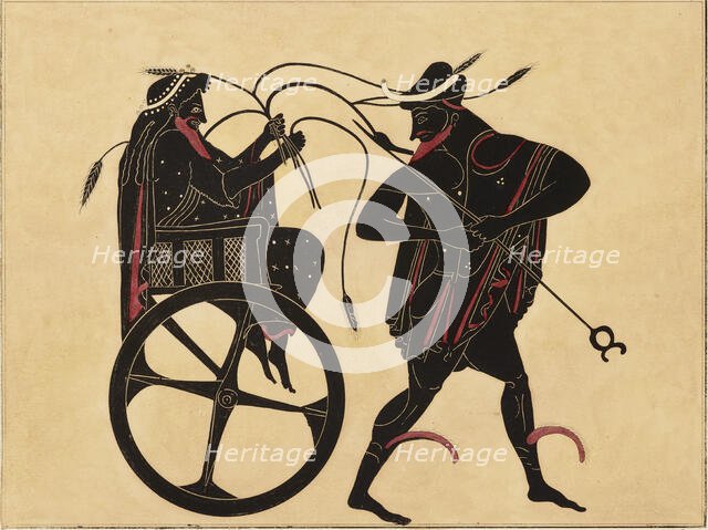 Print of the Decoration on a Greek Amphora, showing Triptolemus and Hermes, c1858. Creator: Fourquemin.
