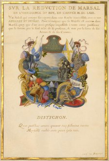 Escutcheon with a Landscape; Nine Emblems for Louis XIV, about 1663-1668. Creator: Jacques Bailly.