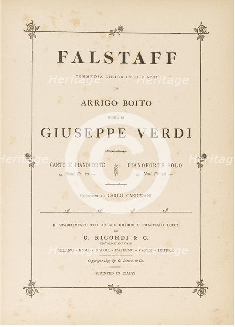 Opera Falstaff: first edition of the original version, 1893.