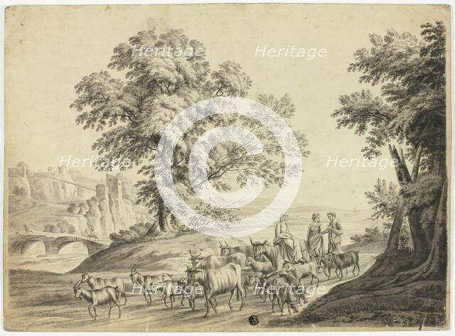 Italianate Landscape with Man and Two Women Herding Cattle, Goats and Sheep, n.d. Creator: Unknown.