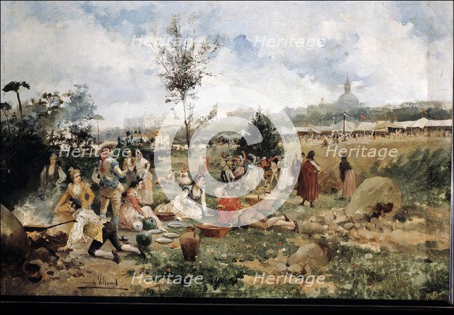Meal in the Meadow of San Isidro in Madrid', oil by Eugenio Lucas Villaamil.