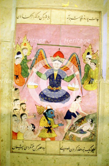 Arab manuscript depicting an angel weighing a soul. Artist: Unknown