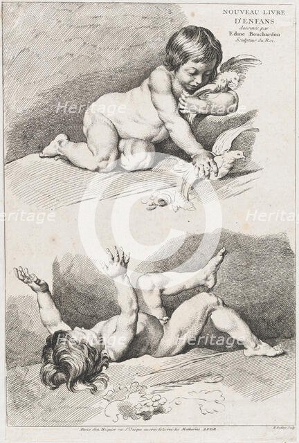 Two nude children playing with a leaf; from New Book of Children, 1720-60. Creator: Pierre Alexandre Aveline.