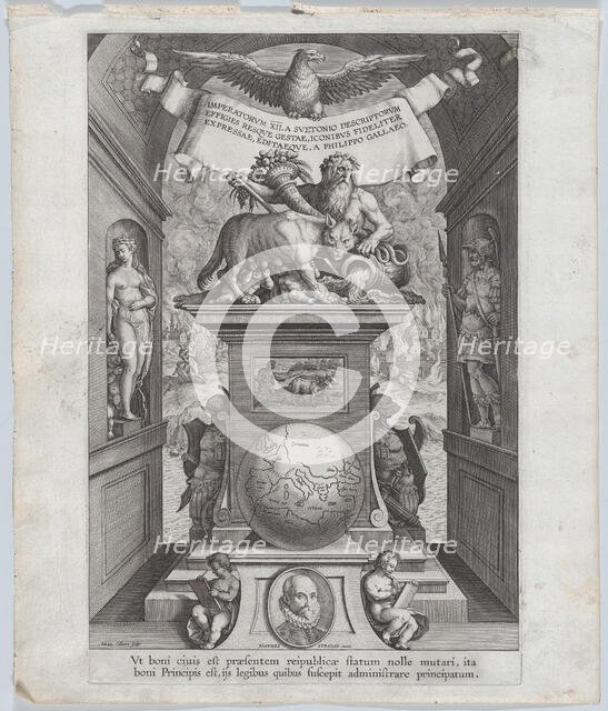Title page for 'Roman Emperors on Horseback', ca. 1587-89. Creator: Adriaen Collaert.