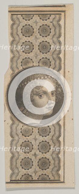Banknote motif with a girl's head derived from Leonardo da Vinci against a patterne..., ca. 1824-37. Creator: Attributed to Asher Brown Durand.