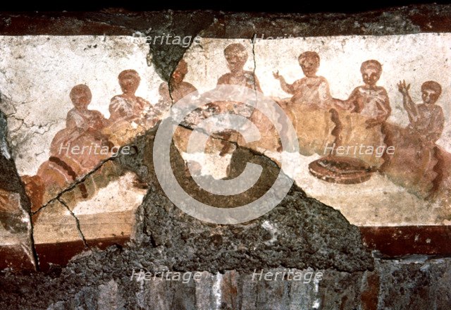 Eucharistic banquet, fresco from the catacombs of St. Callistus in Rome.