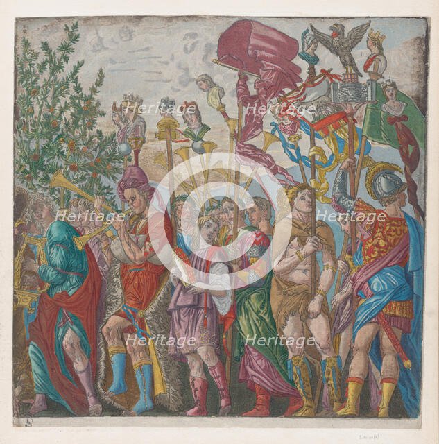 Sheet 8: procession of Musicians and others holding standards, from The Triumph of..., 1599. Creator: Andreani, Andrea (c. 1540-after 1610).