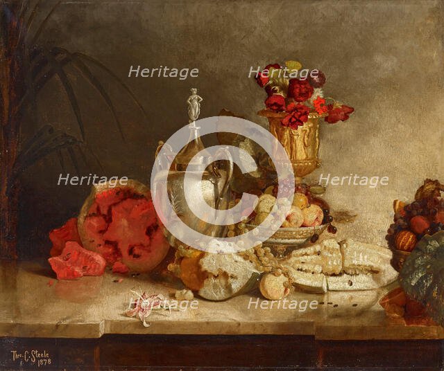 Still Life of Fruit and Urn, 1878. Creator: Theodore Clement Steele.