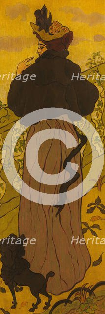 Woman Standing Beside a Balustrade with a Poodle, ca. 1895. Creator: Paul Ranson.