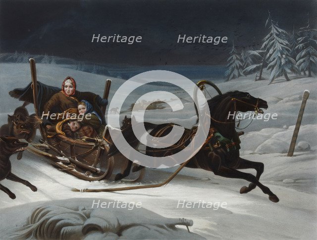 Sleigh of a Russian family pursued by wolves, 1830s.