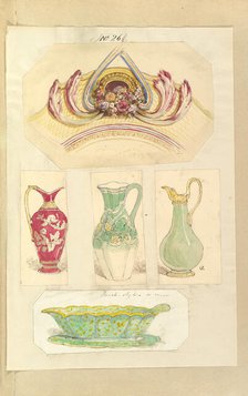 Designs for an Pierced Border Ornament, Three Pitchers and an Open Basin (recto)..., 1845-55. Creator: Alfred Crowquill.