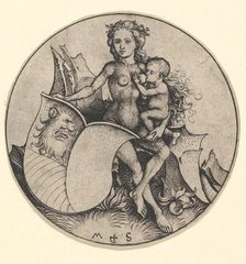 Wild Woman Holding a Shield with a Lion's Head, ca. 1435-1491. Creator: Martin Schongauer.