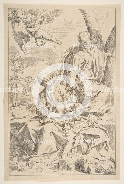 Rest on the flight into Egypt, Mary holding the infant Christ while St. Joseph hands h..., ca. 1639. Creator: Simone Cantarini.