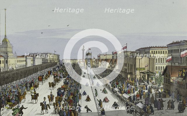 Public merry-making on the Admiralty Square in Saint Petersburg, First half of the 19th cent.. Artist: Beggrov, Karl Petrovich (1799-1875)