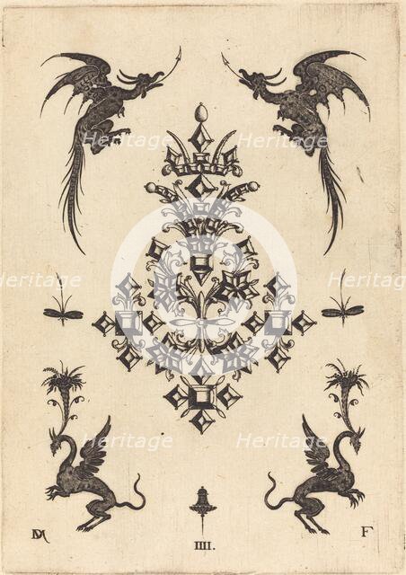 Brooch with Table-Stones, Winged Dragons at Top, and Griffins at Bottom, 1596. Creator: Daniel Mignot.