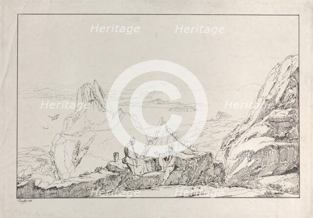 Mountainous landscape with two men in the foreground, 1828. Creator: Antonio Vianello.
