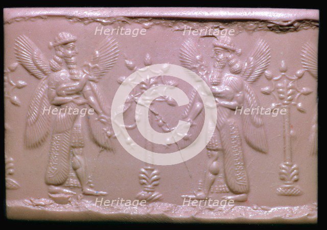 Neo-Assyrian cylinder-seal impression showing mythical beings making offerings. Artist: Unknown