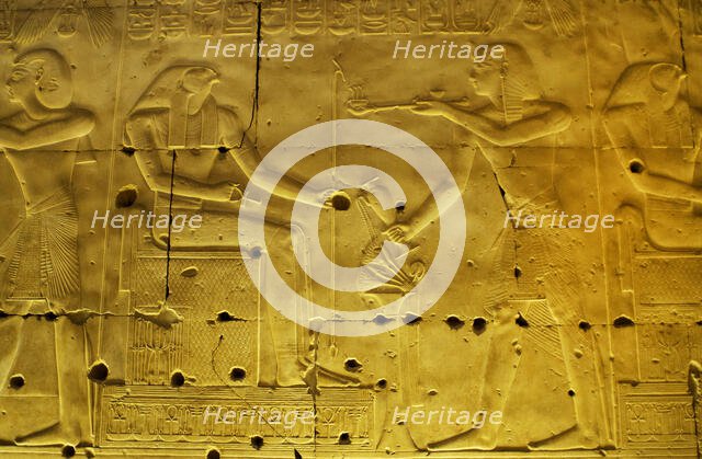 Seti I making offerings of incense to god Horus, Temple of Seti I, Abydos, Egypt, New Kingdom (2003) Creator: LTL.