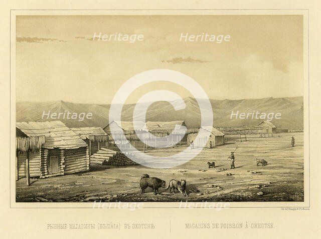 Fish Storehouses (Drying Racks) at Okhotsk, 1856. Creator: Ivan Dem'ianovich Bulychev.