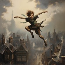 AI IMAGE - Portrait of Peter Pan flying over houses, 2023. Creator: Heritage Images.