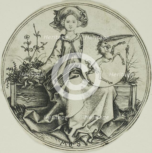Shield with a Unicorn, Held by a Lady, 1480/90. Creator: Martin Schongauer.