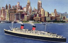 The liner 'Queen Elizabeth' arrives in New York harbour, USA, 1951. Artist: Unknown