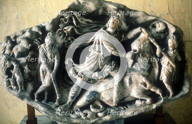 Mithras, ancient Persian god of light and ruler of the Universe, slaying the bull, 100-150. Artist: Unknown