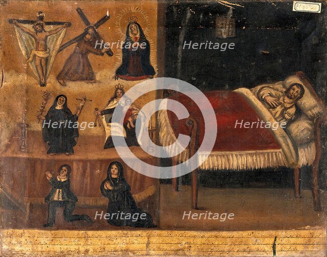 Pedro Diaz Platas with a broken arm (?), his wife (?) and son praying for him after an...1861. Creator: Unknown.