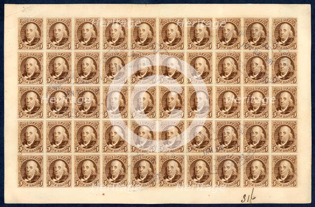5c Franklin reproduction card plate proof sheet of fifty, 1891. Creator: Bureau of Engraving and Printing.