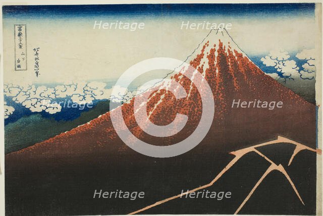 Shower Below the Summit (Sanka hakuu), from the series "Thirty-Six Views of Mount Fuji...c1830/33. Creator: Hokusai.