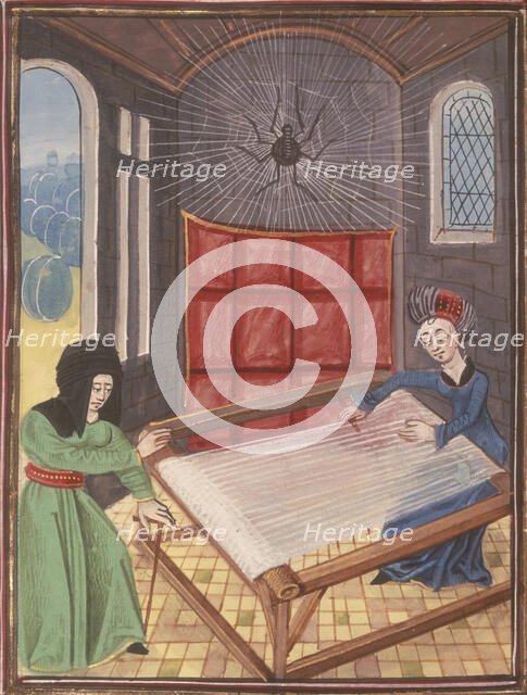 Arachne at her loom, visited by Athena disguised as an old woman, late 15th century.   Creator: Unknown.