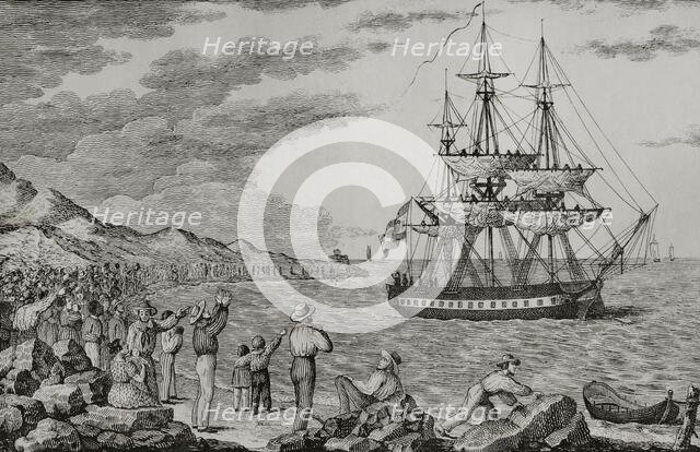 Smallpox vaccination expedition leaving the port of La Coruña, Galicia, Spain, 1803, (1851).  Creator: Unknown.
