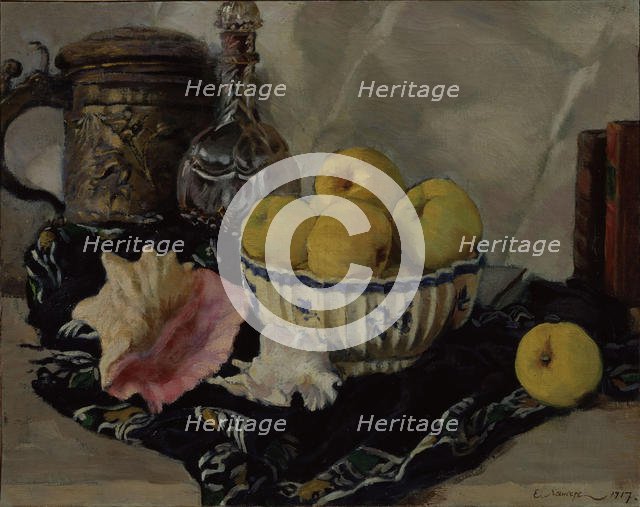 Still life. Shell and apples, 1917. Artist: Lanceray (Lansere), Evgeny Evgenyevich (1875-1946)