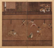 Two-panel screen depicting wrestlers, Edo period, 17th century. Creator: Unknown.