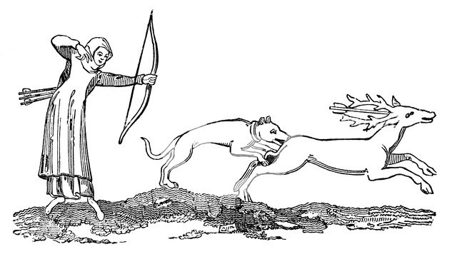 Lady hunting with a hound, 14th centuy, (1833). Artist: Unknown