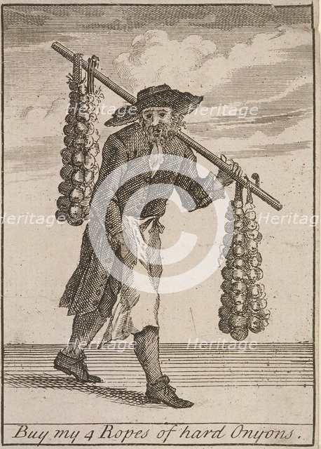 'Buy my 4 Ropes of hard Onyons', Cries of London, (c1688?). Artist: Anon