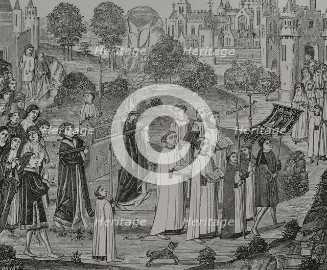 Count Renier bearing the body of Saint Veronica to Saint Waltrude Collegiate...1446-48 (1877).  Creator: Jules Jean Marie Joseph Huyot.