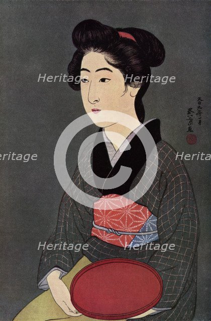 A Japanese waitress with a tray, 1920 (1930).Artist: Hashiguchi Goyo