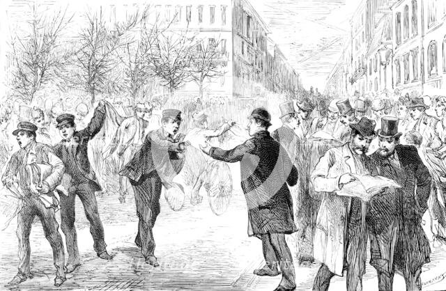 Excitement in the streets of Berlin at the news of Prince Bismarck’s resignation, 1890. Creator: P Naumann.