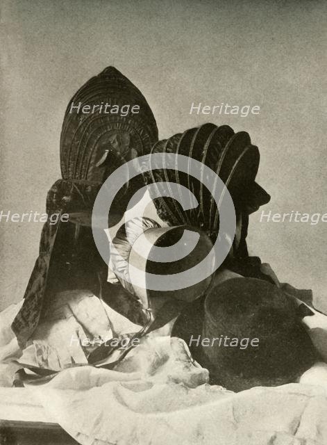 'Two silk calashes; riding-cap; Quaker bonnet; hat; gloves; and skirt', c18th century, (1937). Creator: Unknown.