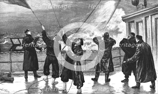 ''Through a Head Sea: H.M.S. "Aurora" Signalling a Strange Sail', 1891. Creator: Joseph Nash.