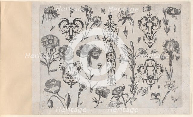 Blackwork Designs with Flowers, Plate 6 from a Series of Blackwork Ornaments combine..., after 1622. Creator: Meinert Gelijs.