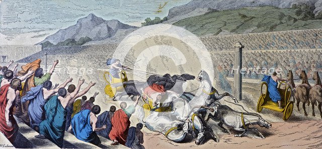 Games in Greece, chariot race, engraving, 1862.