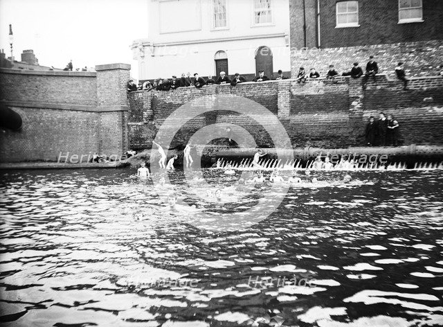 Boys bathing in a sluice on the Grand Union Canal, London, c1905. Artist: Unknown