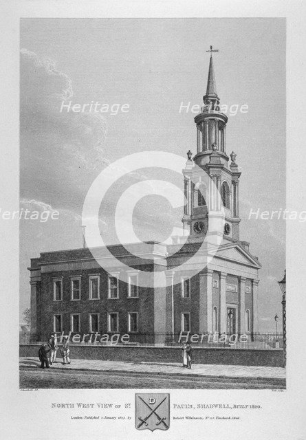 North-west view of St Paul's Church, Shadwell, London, 1825. Artist: Thomas Dale